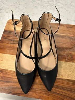 ALDO Black Pointed Leather Flats with Cross-Strap and Ankle Buckle